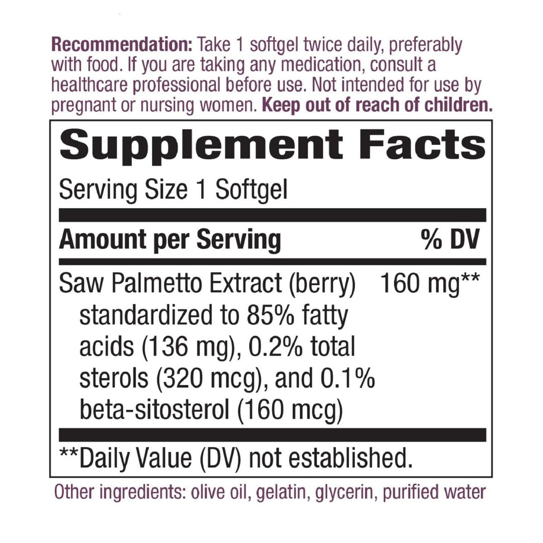 Nature's Way Saw Palmetto Standardized Extract Prostate Health, 160 mg per serving, 120 Softgels - The Oasis of Health