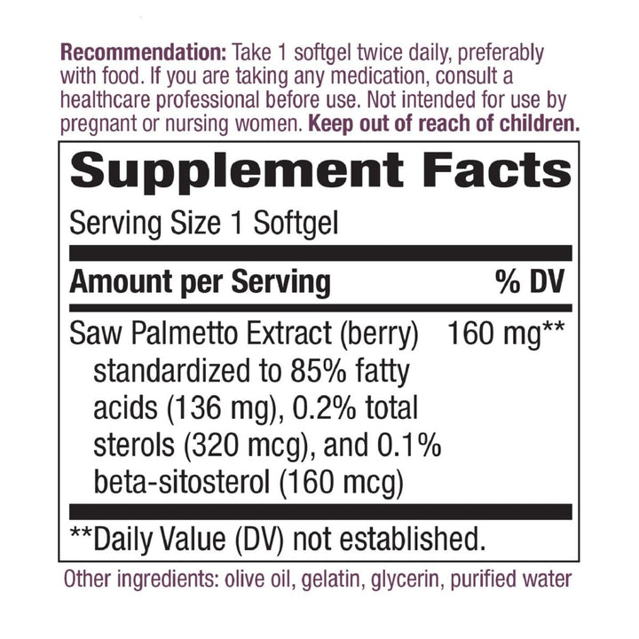 Nature's Way Saw Palmetto Standardized Extract Prostate Health, 160 mg per serving, 120 Softgels - The Oasis of Health