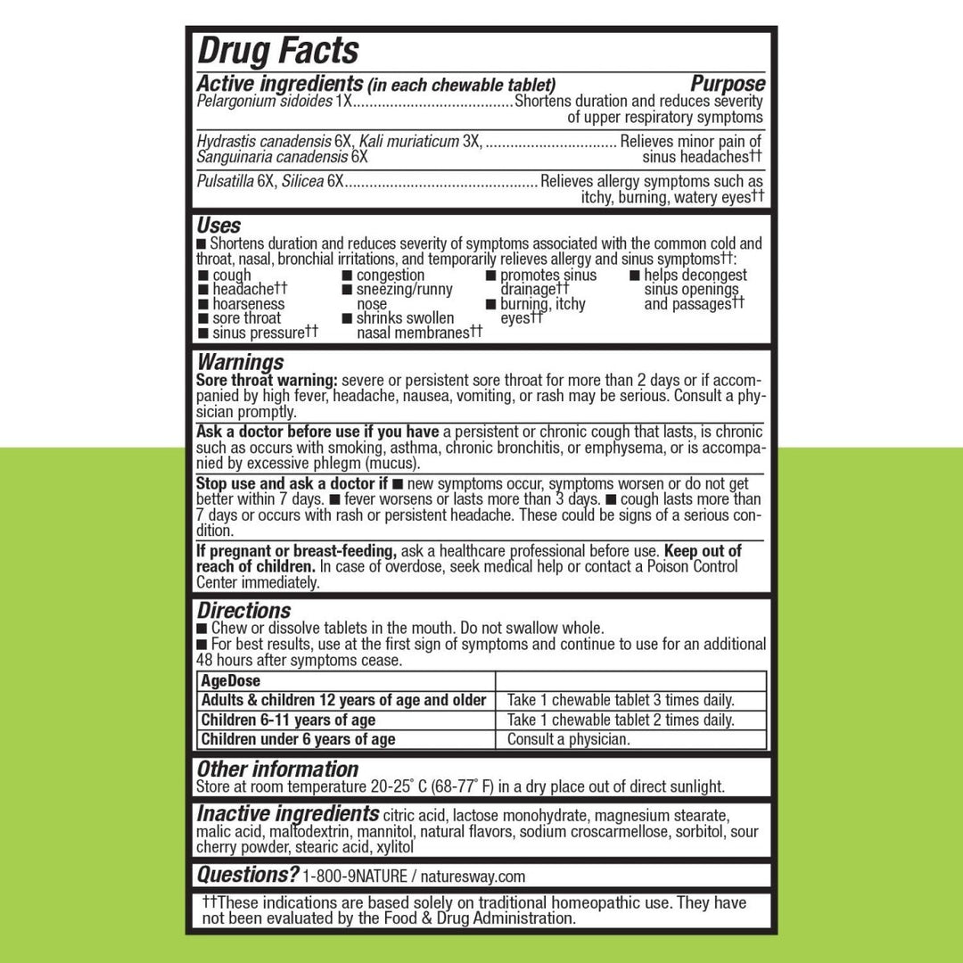 Nature's Way Umcka Allergy and Sinus Homeopathic Chewable Tablets - Cherry Flavor - 20 Count - The Oasis of Health