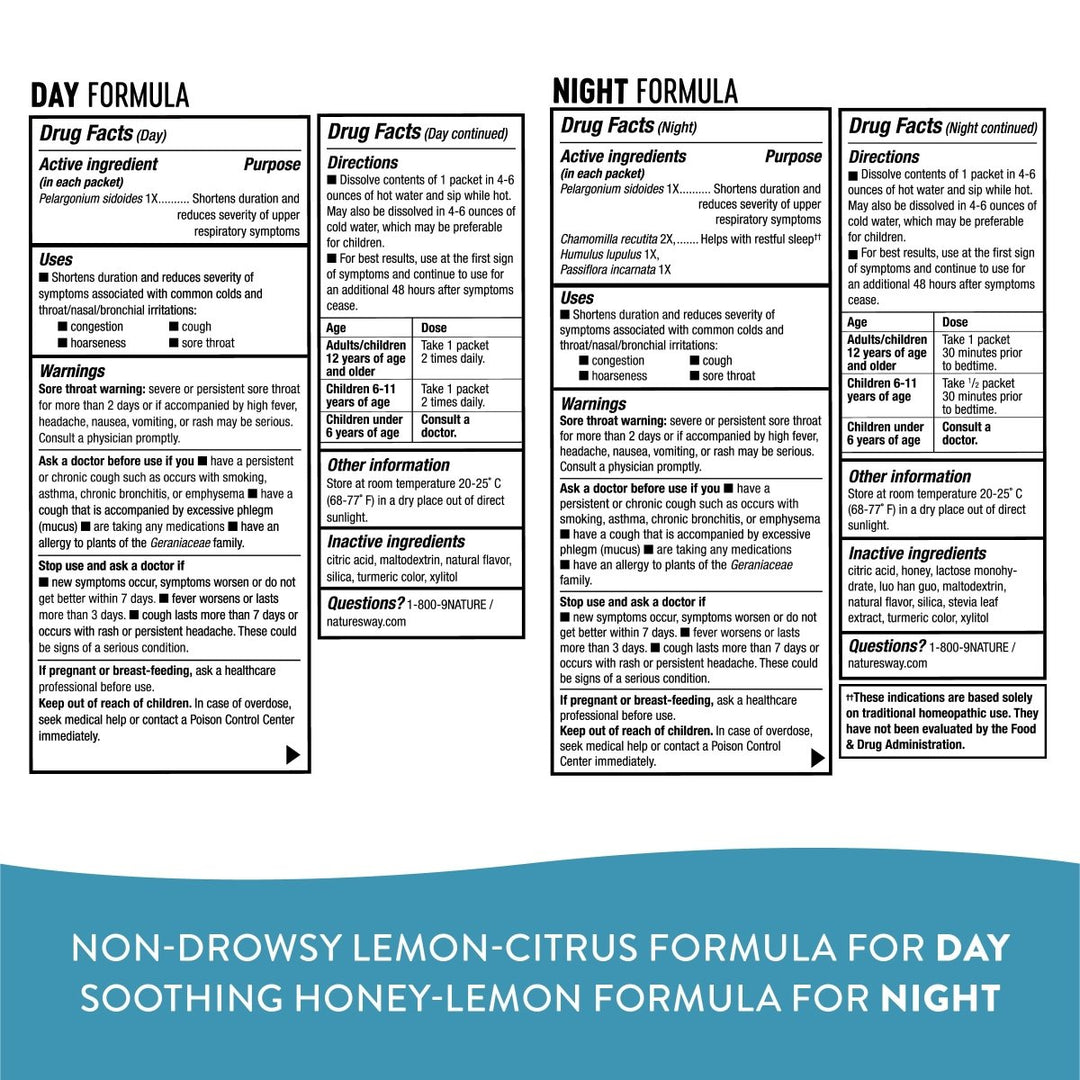 Nature's Way Umcka ColdCare Day + Night, Soothing Hot Drink Mixes, Lemon & Honey Flavors, 12 Packets - The Oasis of Health