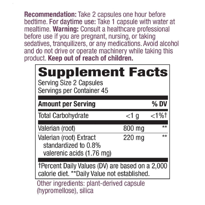 Nature's Way Valerian, Non - GMO, Gluten Free, 220 mg per serving, 90 Capsules - The Oasis of Health