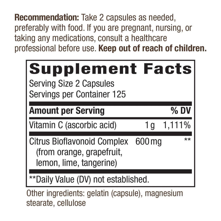 Nature's Way Vitamin C 500 mg with Bioflavonoids; 1000 mg Vitamin C per Serving; 250 Capsules - The Oasis of Health