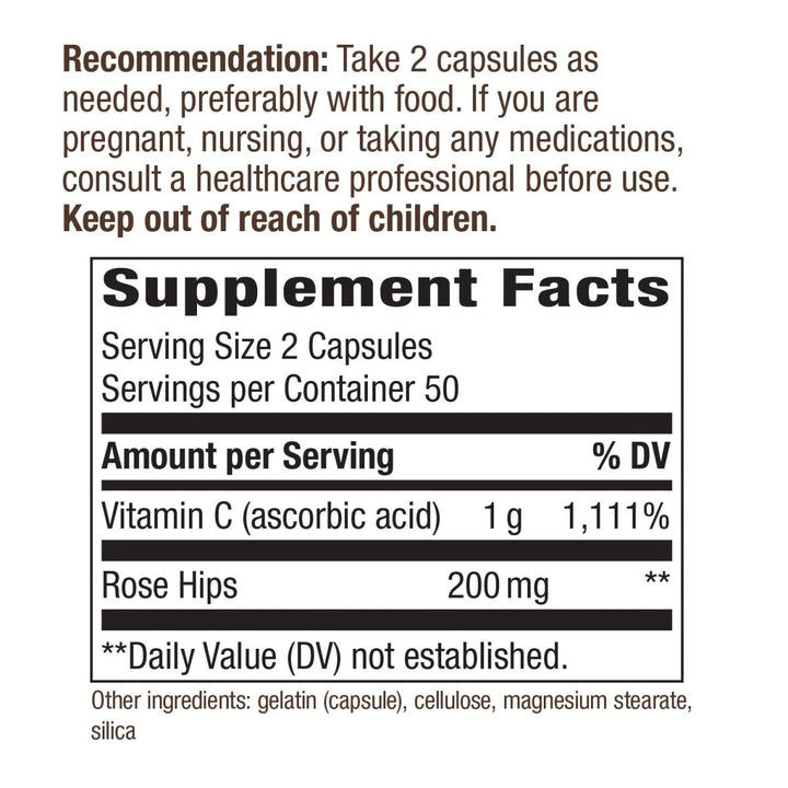 Nature's Way Vitamin C with Rose Hips; 1000 mg per Serving; 100 Capsules - The Oasis of Health