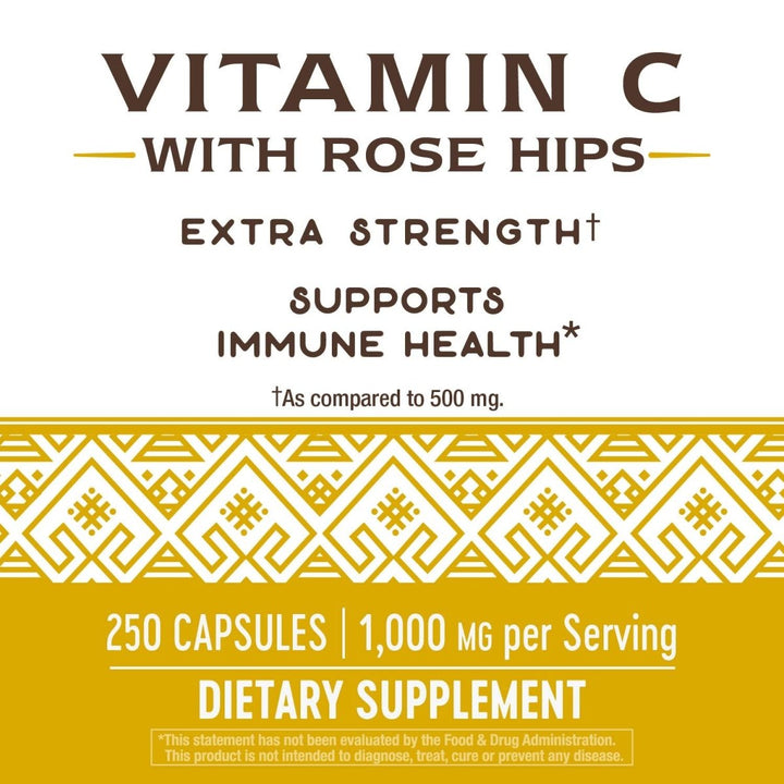 Nature's Way Vitamin C with Rose Hips - Powerful Immune Support and Antioxidant Protection - 1000 mg per Serving, 250 Capsules - The Oasis of Health