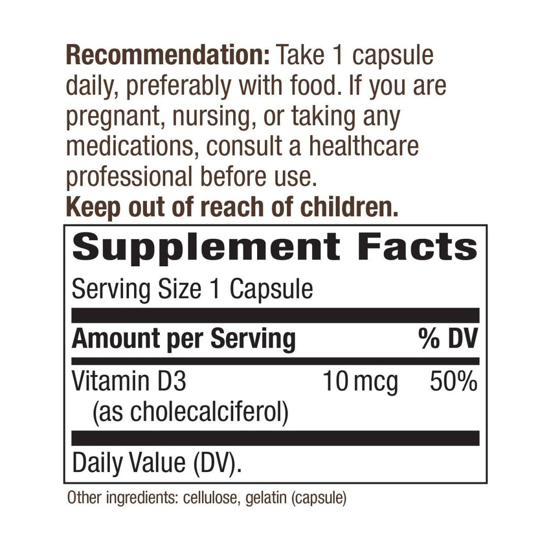 Nature's Way Vitamin D3 Dry Form, Supports Healthy Bones and Immune Function*, 10mcg Per Serving, 100 Capsules - The Oasis of Health