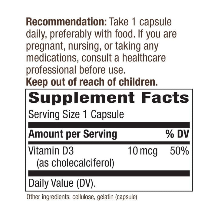 Nature's Way Vitamin D3 Dry Form, Supports Healthy Bones and Immune Function*, 10mcg Per Serving, 100 Capsules - The Oasis of Health
