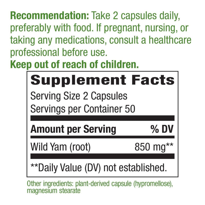Nature's Way Wild Yam Root - Soothes GI Discomfort - 100 Capsules - The Oasis of Health