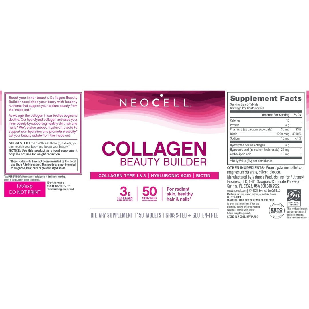 NeoCell Collagen Beauty Builder With Hyaluronic Acid and Biotin, Skin, Hair and Nails Supplement, Includes Antioxidants, Tablet, 150 Count, 1 Bottle - The Oasis of Health