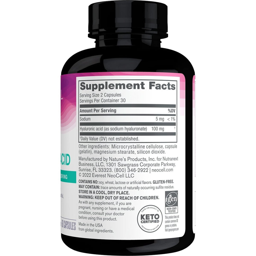 NeoCell Hyaluronic Acid Capsules, Essential Lubricant, Supports Tissue Hydration, Gluten Free, 60 Count, 1 Bottle - The Oasis of Health