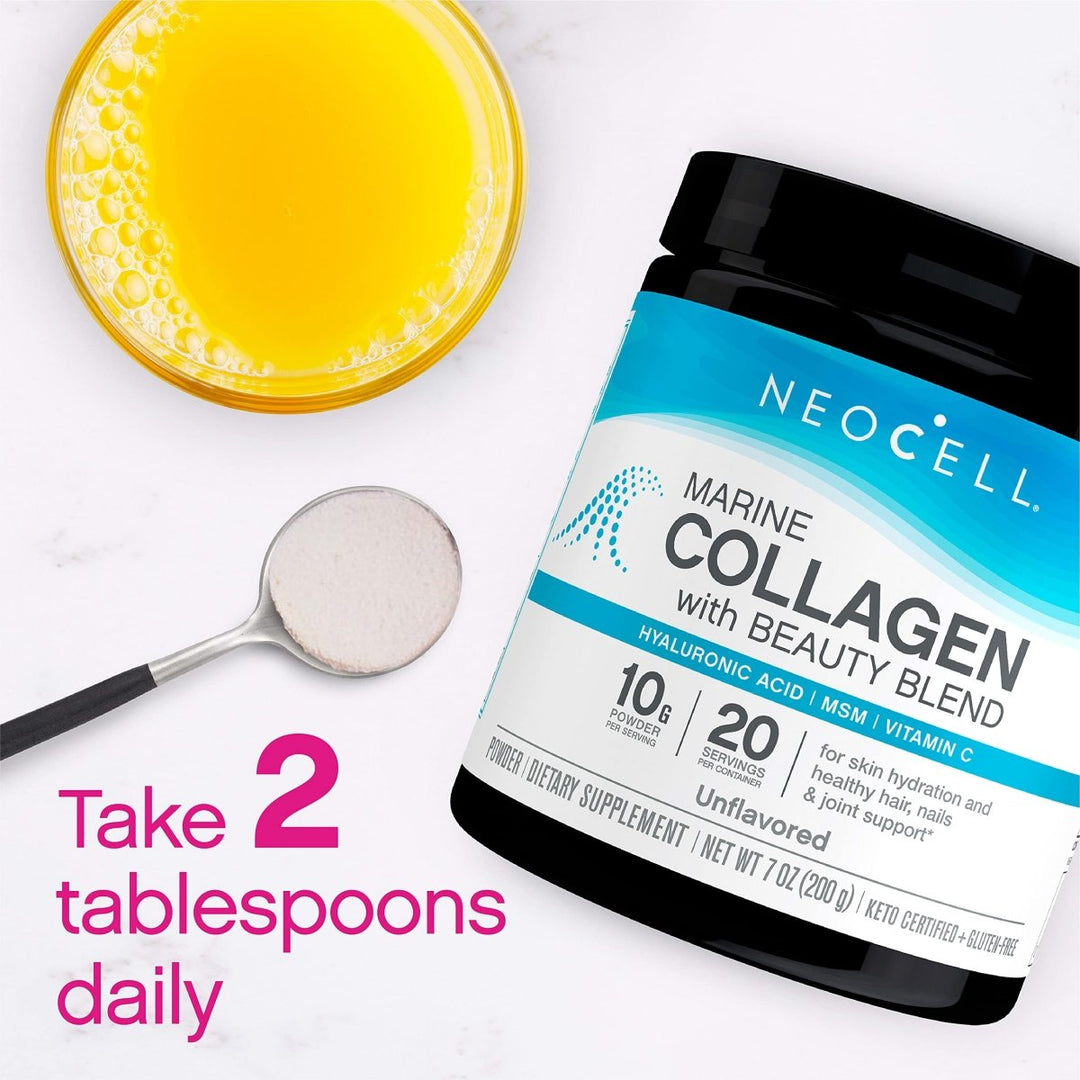 NeoCell Marine Collagen with Beauty Blend; for Skin Hydration; Healthy Hair, Nails and Joint Support; Keto Certified, Gluten Free; Unflavored Powder, 7 Ounces, 20 Servings* - The Oasis of Health