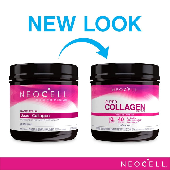 NeoCell Super Collagen Peptides, 10g Collagen Peptides per Serving, Gluten Free, Keto Friendly, Non - GMO, Grass Fed, Healthy Hair, Skin, Nails and Joints, Unflavored Powder, 14.1 oz., 1 Canister - The Oasis of Health