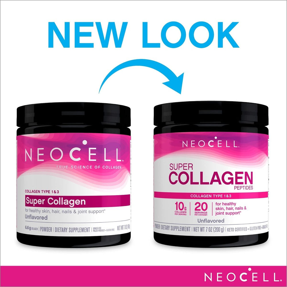 NeoCell Super Collagen Peptides, 10g Collagen Peptides per Serving, Gluten Free, Keto Friendly, Non - GMO, Grass Fed, Healthy Hair, Skin, Nails and Joints, Unflavored Powder, 7 oz., 1 Canister - The Oasis of Health