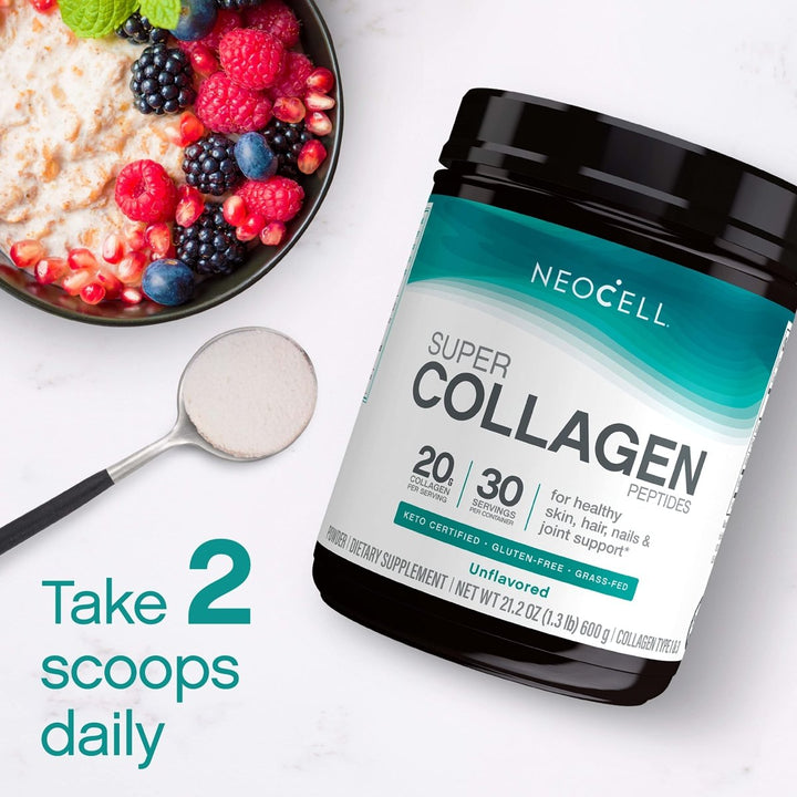 NeoCell Super Collagen Peptides, 20g Collagen Peptides per Serving, Gluten Free, Keto Friendly, Non - GMO, Grass Fed, Healthy Hair, Skin, Nails and Joints, Unflavored Powder, 21.2 oz., 1 Canister - The Oasis of Health