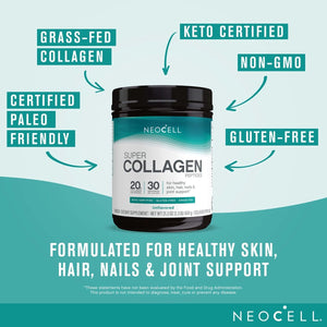 NeoCell Super Collagen Peptides, 20g Collagen Peptides per Serving, Gluten Free, Keto Friendly, Non - GMO, Grass Fed, Healthy Hair, Skin, Nails and Joints, Unflavored Powder, 21.2 oz., 1 Canister - The Oasis of Health