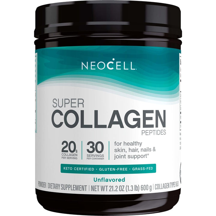 NeoCell Super Collagen Peptides, 20g Collagen Peptides per Serving, Gluten Free, Keto Friendly, Non - GMO, Grass Fed, Healthy Hair, Skin, Nails and Joints, Unflavored Powder, 21.2 oz., 1 Canister - The Oasis of Health