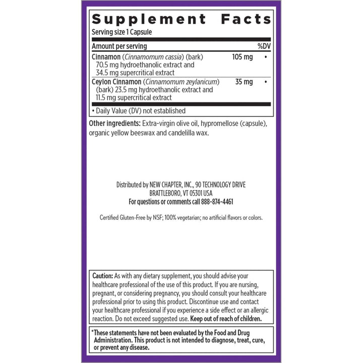 New Chapter Cinnamon Supplement - Cinnamon Force for Antioxidant Action + Non - GMO Ingredients - 30 ct Vegetarian Capsules - The Oasis of Health