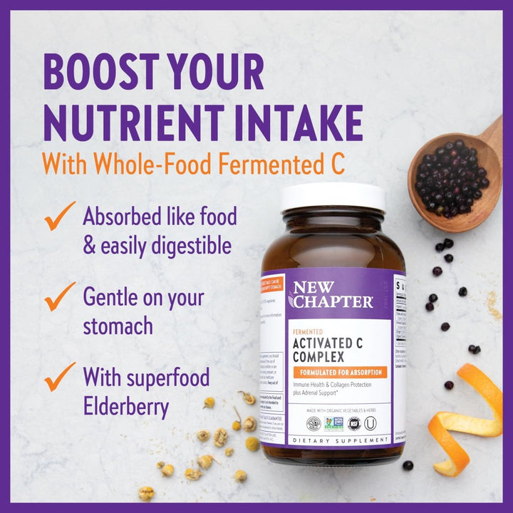 New Chapter Fermented Activated C Complex, Rich in Vitamin C for Immune Health, Collagen Protection + Adrenal Support, Made with Organic Herbs, Non - GMO, 60 Count - The Oasis of Health