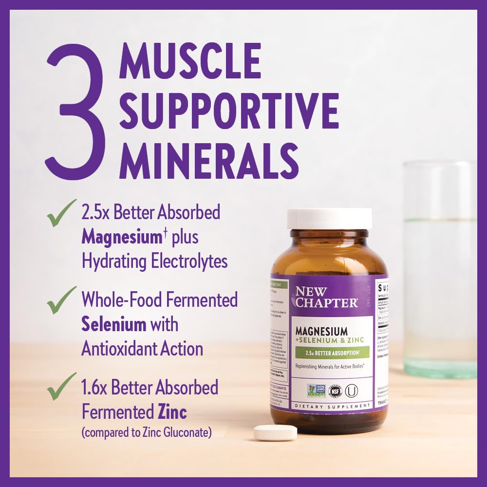 New Chapter Magnesium - Selenium - Zinc Supplement for Active Bodies, Bounce Back After Exercise with Muscle Support Minerals + Hydrating Electrolytes, 325 mg Magnesium in One - Daily Tablet, 30 Count - The Oasis of Health