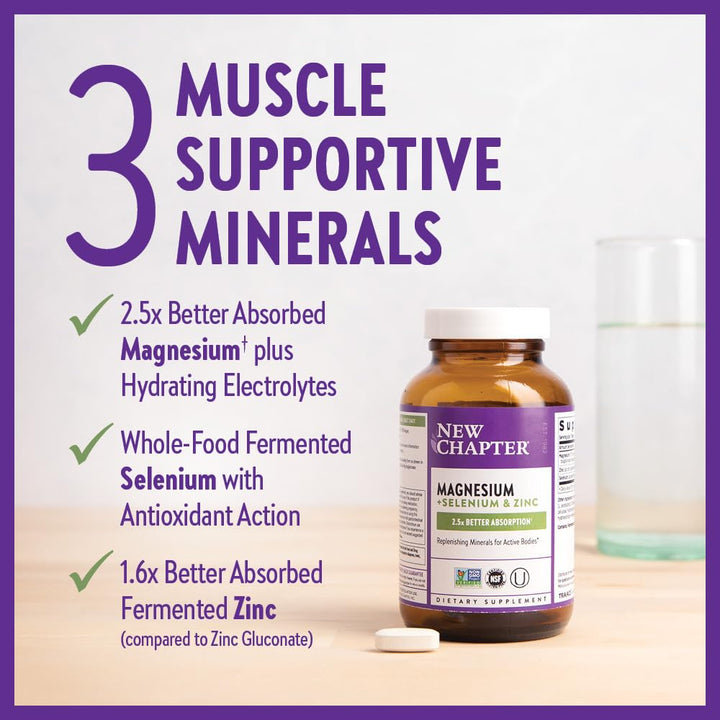 New Chapter Magnesium - Selenium - Zinc Supplement for Active Bodies, Bounce Back After Exercise with Muscle Support Minerals + Hydrating Electrolytes, 325 mg Magnesium in One - Daily Tablet, 30 Count - The Oasis of Health