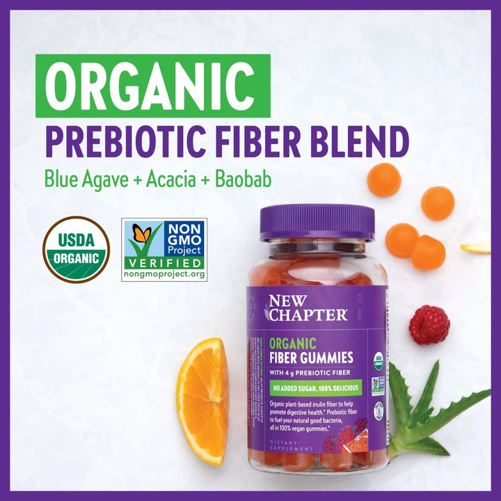 New Chapter Organic Fiber Gummies for Adults, up to 8g Plant - Based Prebiotic Fiber for Digestive Health, Vegan, Non - GMO, USDA Organic, Gluten Free, Citrus - Berry Flavored, 60 ct - The Oasis of Health