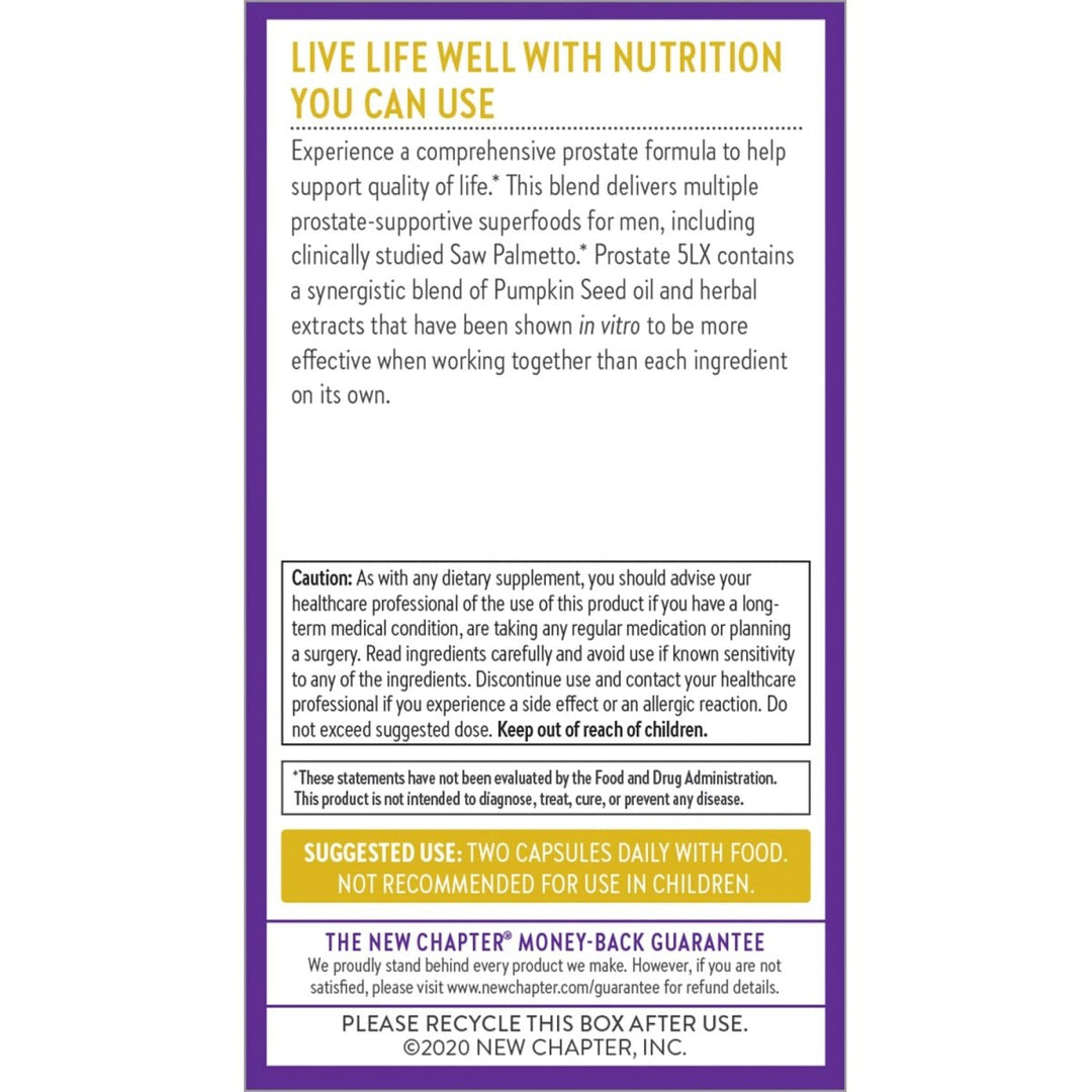 New Chapter Prostate Supplement - Prostate 5LX with Saw Palmetto + Selenium for Prostate Health - 120 ct Vegetarian Capsule - The Oasis of Health
