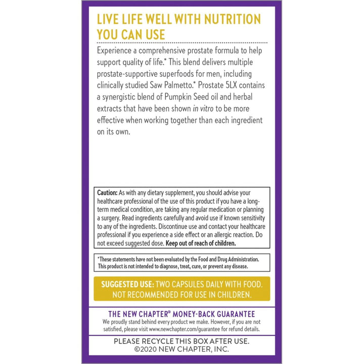 New Chapter Prostate Supplement - Prostate 5LX with Saw Palmetto + Selenium for Prostate Health - 120 ct Vegetarian Capsule - The Oasis of Health