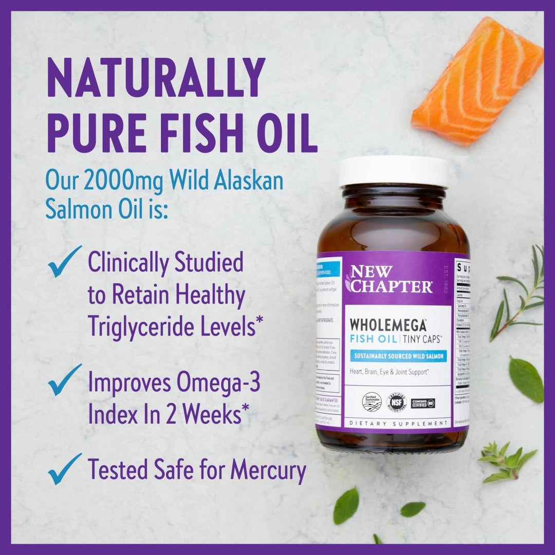 New Chapter Wholemega Fish Oil Supplement - Wild Alaskan Salmon Oil with Omega - 3 + Vitamin D3 + Astaxanthin + Sustainably Caught - 180 ct Tiny Caps, 500mg Softgels - The Oasis of Health