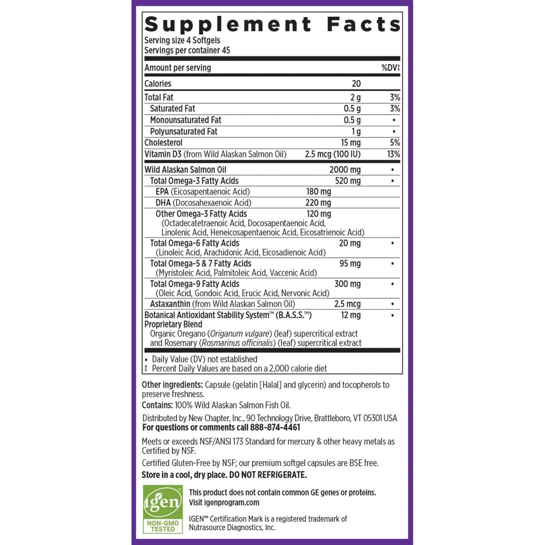 New Chapter Wholemega Fish Oil Supplement - Wild Alaskan Salmon Oil with Omega - 3 + Vitamin D3 + Astaxanthin + Sustainably Caught - 180 ct Tiny Caps, 500mg Softgels - The Oasis of Health
