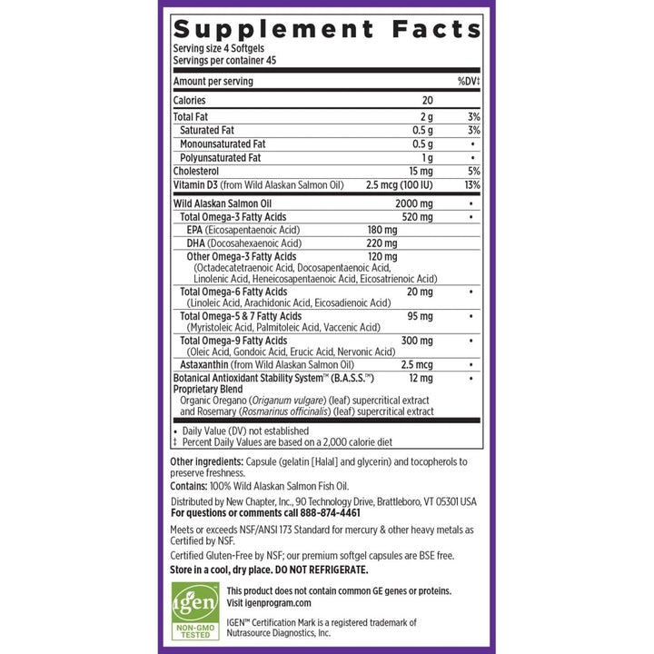 New Chapter Wholemega Fish Oil Supplement - Wild Alaskan Salmon Oil with Omega - 3 + Vitamin D3 + Astaxanthin + Sustainably Caught - 180 ct Tiny Caps, 500mg Softgels - The Oasis of Health