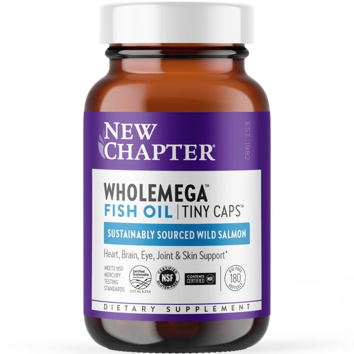 New Chapter Wholemega Fish Oil Supplement - Wild Alaskan Salmon Oil with Omega - 3 + Vitamin D3 + Astaxanthin + Sustainably Caught - 180 ct Tiny Caps, 500mg Softgels - The Oasis of Health