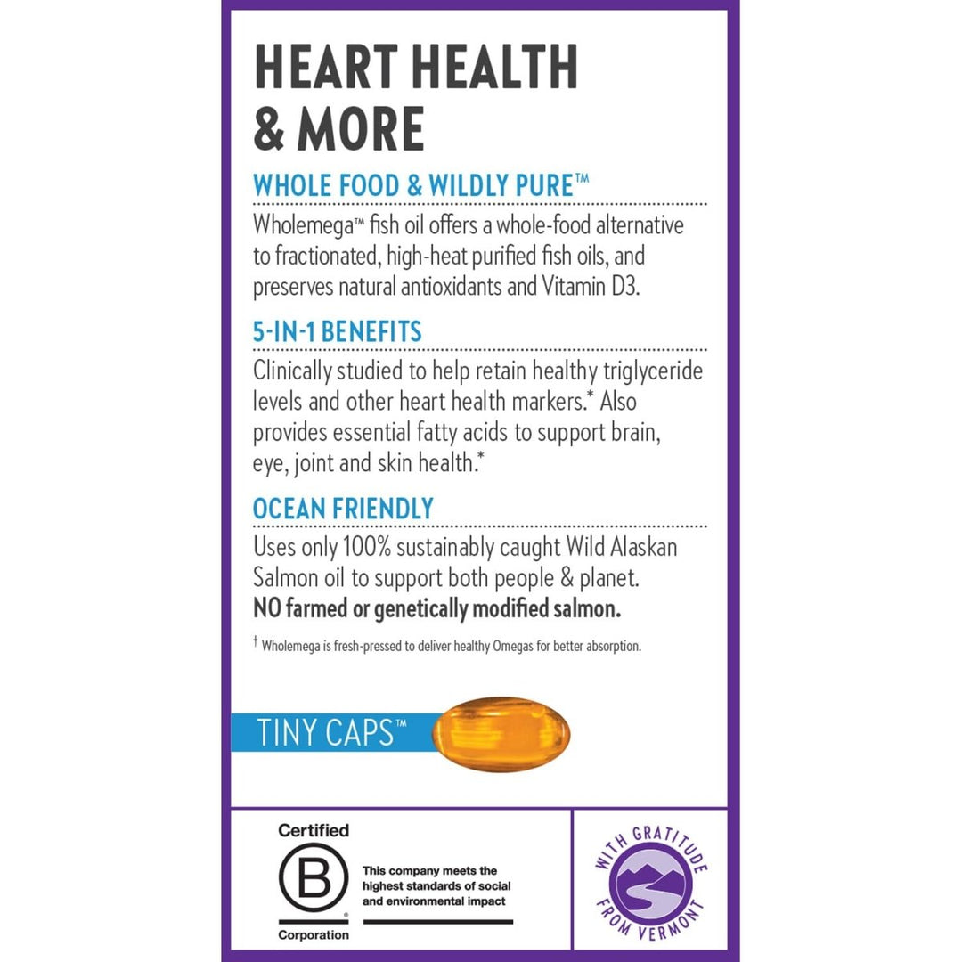 New Chapter Wholemega Fish Oil Supplement - Wild Alaskan Salmon Oil with Omega - 3 + Vitamin D3 + Astaxanthin + Sustainably Caught - 180 ct Tiny Caps, 500mg Softgels - The Oasis of Health