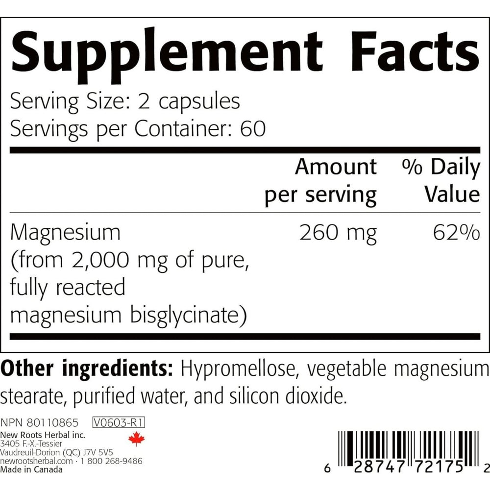 New Roots Herbal Pure Magnesium Bisglycinate 130 mg 120 Capsules - The Oasis of Health