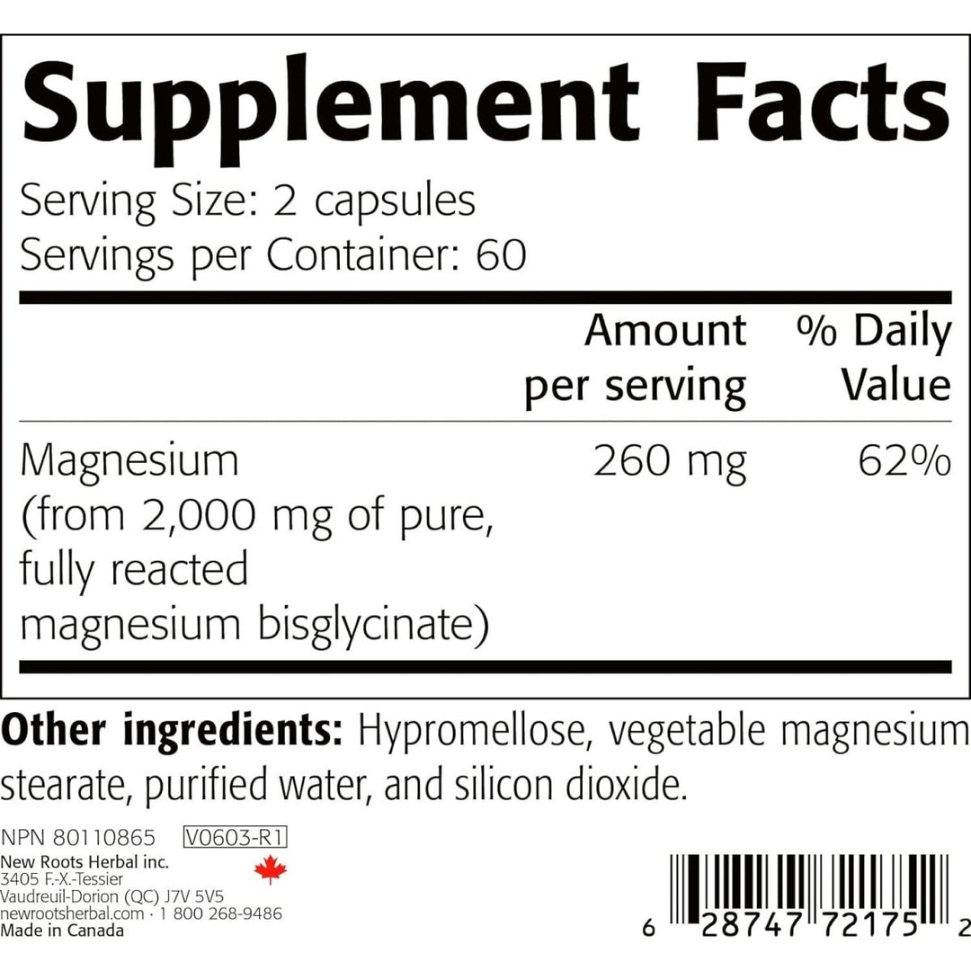 New Roots Herbal Pure Magnesium Bisglycinate 130 mg 120 Capsules - The Oasis of Health
