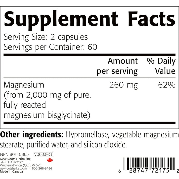New Roots Herbal Pure Magnesium Bisglycinate 130 mg 120 Capsules - The Oasis of Health