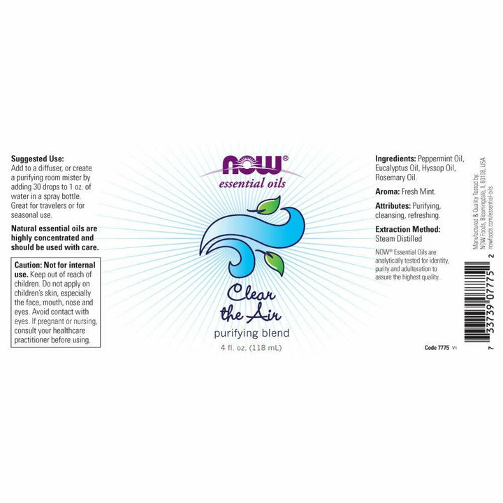 NOW Essential Oils, Clear the Air Oil Blend, Purifying Aromatherapy Scent, Blend of Pure Essential Oils, Steam Distilled, Vegan, Child Resistant Cap, 4 - Ounce - The Oasis of Health
