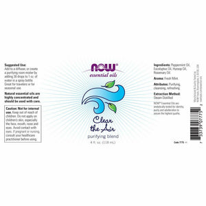 NOW Essential Oils, Clear the Air Oil Blend, Purifying Aromatherapy Scent, Blend of Pure Essential Oils, Steam Distilled, Vegan, Child Resistant Cap, 4 - Ounce - The Oasis of Health
