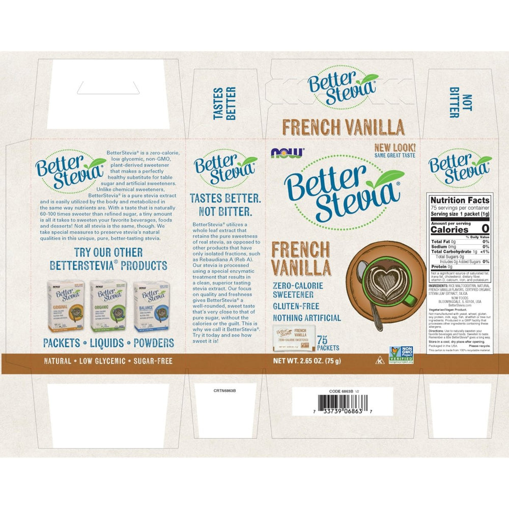 Now Foods BetterStevia French Vanilla 75 Packets Per Box - 6863 - The Oasis of Health
