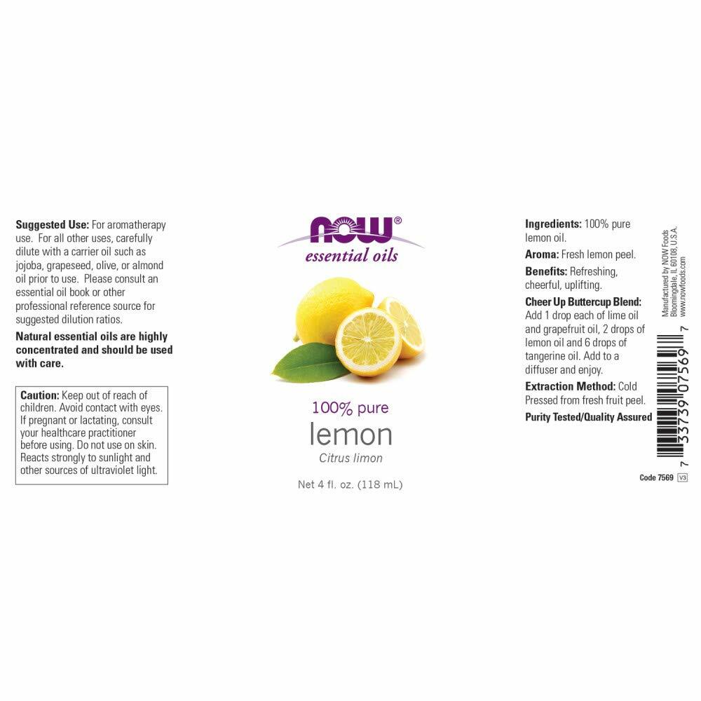 NOW Foods Essential Oils, Lemon Oil, Cheerful Aromatherapy Scent, Cold Pressed, 100% Pure, Vegan, Child Resistant Cap, 4 - Ounce - The Oasis of Health