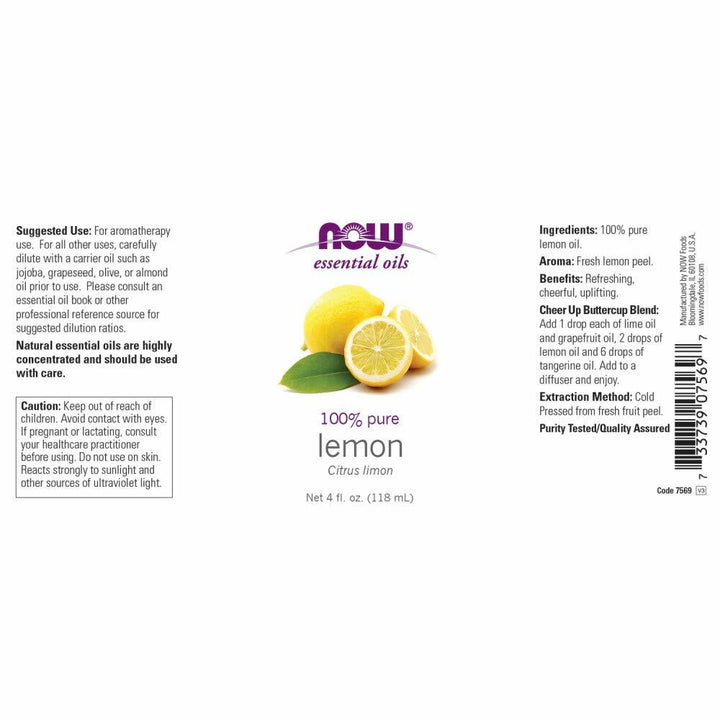NOW Foods Essential Oils, Lemon Oil, Cheerful Aromatherapy Scent, Cold Pressed, 100% Pure, Vegan, Child Resistant Cap, 4 - Ounce - The Oasis of Health