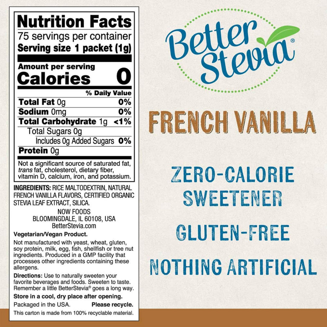 Now Foods BetterStevia French Vanilla 75 Packets Per Box - 6863 - 3 Pack