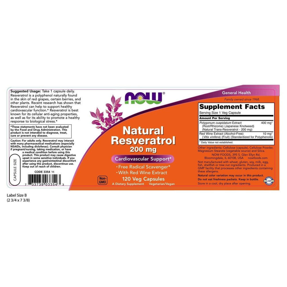 Now Foods Natural Resveratrol 200 mg 120 Vcaps - 3354 - The Oasis of Health