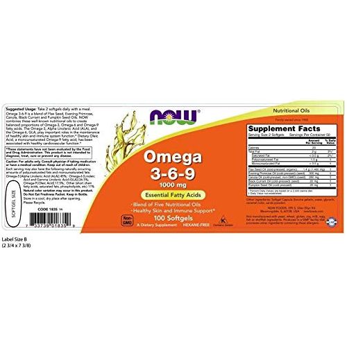 Now Foods Omega 3 - 6 - 9 1000 mg 100 Softgels - 1835 - The Oasis of Health