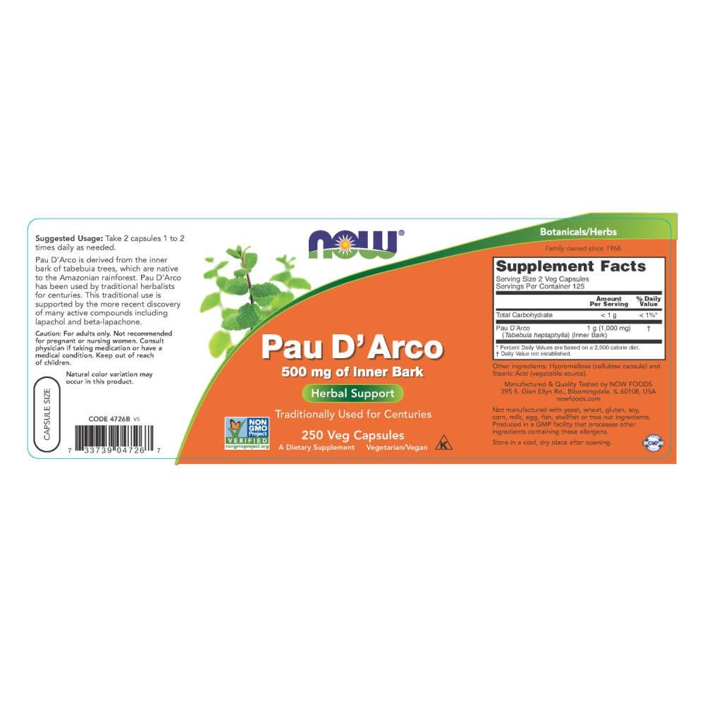 Now Foods Pau D'Arco 500 mg 250 Vcaps - 4726 - The Oasis of Health