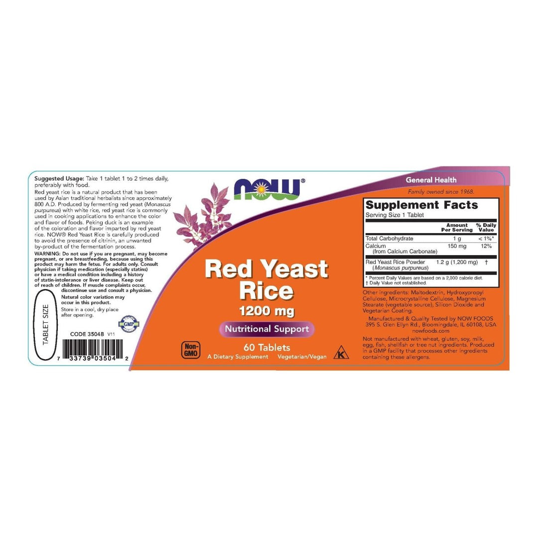 Now Foods Red Yeast Rice 1200 mg 60 Tablets - 3504 - The Oasis of Health