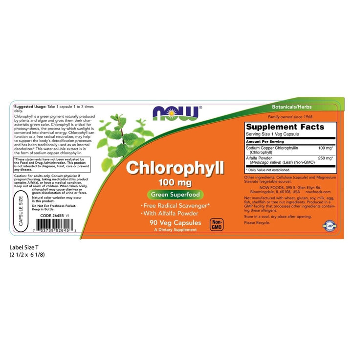 NOW Foods Supplements, Chlorophyll 100 mg with Alfalfa Powder, Green Superfood, 90 Veg Capsules - The Oasis of Health