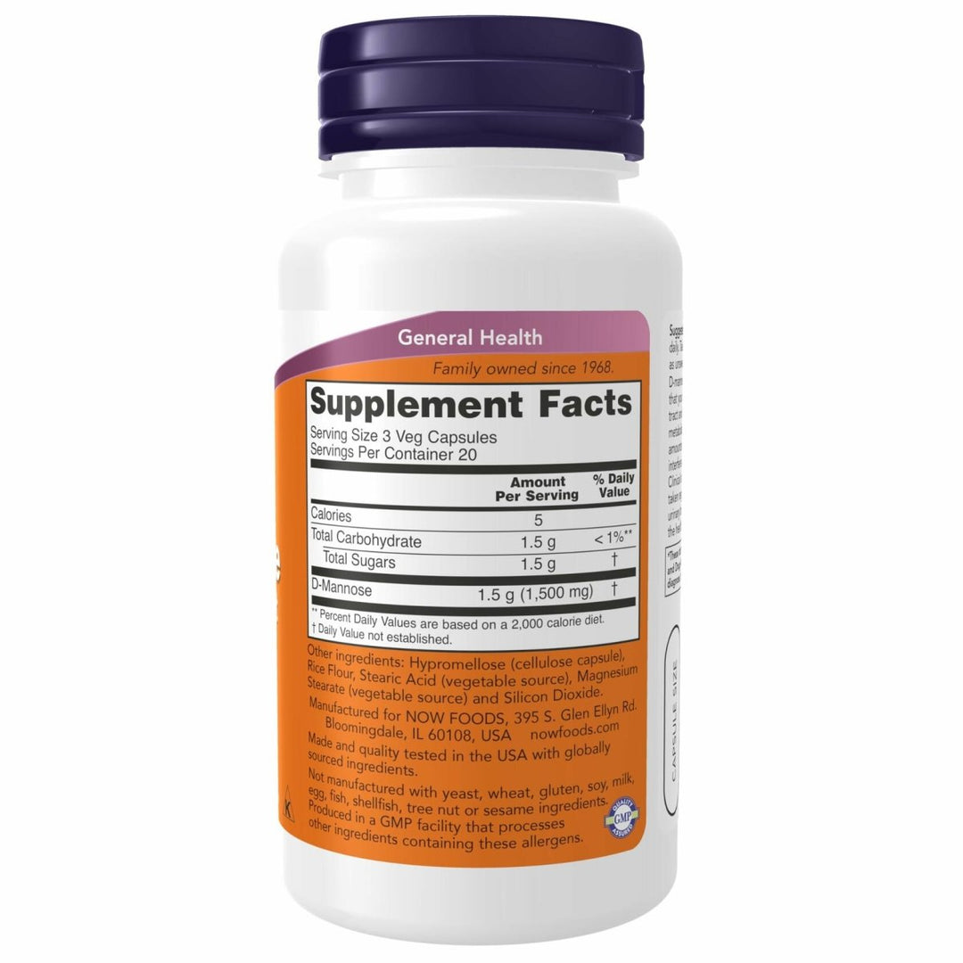 NOW Foods Supplements, D - Mannose 500 mg, Non - GMO Project Verified, Healthy Urinary Tract*, 60 Veg Capsules - The Oasis of Health