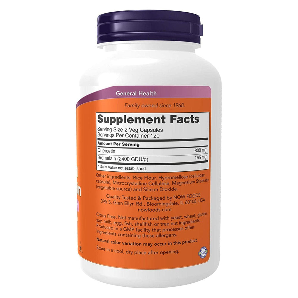 NOW Foods Quercetin with Bromelain 240 Vcaps - Supplement Facts panel showing Quercetin 800mg and Bromelain 165mg per serving