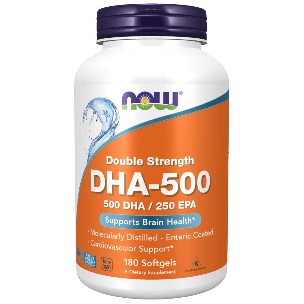 NOW Foods Supplements, DHA - 500 with 250 EPA, Molecularly Distilled, Supports Brain Health*, 180 Softgels - The Oasis of Health