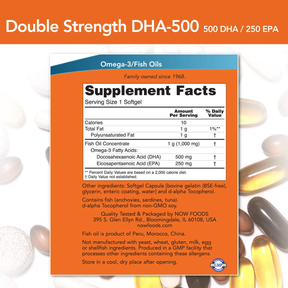 NOW Foods Supplements, DHA - 500 with 250 EPA, Molecularly Distilled, Supports Brain Health*, 180 Softgels - The Oasis of Health