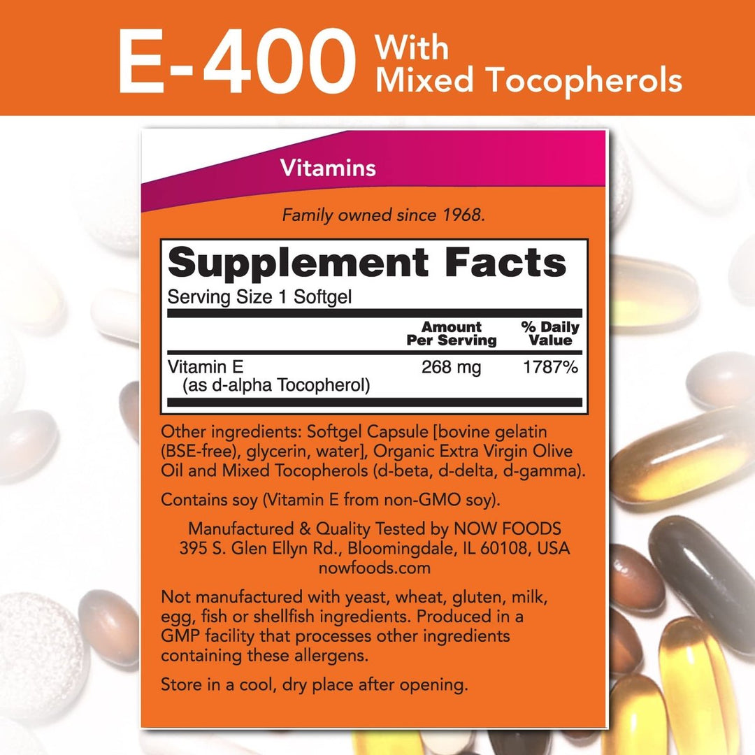 Now Foods Vitamin E - 400 With Mixed Tocopherols 250 Softgels - 0894 - The Oasis of Health